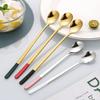 Cuchara de Acero Inoxidable 304 Estilo Coreano Mango Largo Cuchara para Hielo Cuchara para Mezclar Bar Alto Valor de Color Cuchara Larga para Mezclar Miel