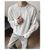 Camiseta Patchwork con Remaches de Punto Waffle para Hombre Otoño Marca de Moda Americana Peso Pesado Capa Interior Capa Base Sudadera con Capucha Superior Cuello Redondo