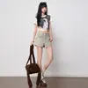 Shorts de Mezclilla Elásticos Grises de Tiro Alto Doble Botón para Mujer 2026 Nuevas Llegadas Primavera/Verano Levanta Glúteos Adelgazantes Versátiles Color Sólido de Tres Cuartos
