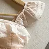 Foto Real de Blusa Feminina de Renda Rosa Pura Patchwork Manga Curta, Novo Top Curto Estilo Doce Francês de Verão