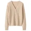 Estilo luxo leve~Cardigã 100% caxemira pura para mulheres, suéter de tricô trançado com gola V espesso, peça de outer wear simples e elegante