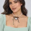 Versátil Doce Ins Estilo Doce Cool Pingente de Coração de Metal Laço de Fita Colar de Pérolas Brincos Corrente para Clavícula Mulheres