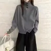 Suéter canelado de gola alta estilo coreano para mulheres, cardigã de tricô com zíper duplo, novo sobretudo feminino da moda para outono e inverno