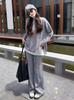 Suéter de punto de dos piezas falsas estilo perezoso para mujer, conjunto de otoño e invierno nuevo, cuello redondo, camisa de punto, pantalones anchos casuales, conjunto de dos piezas