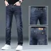 Calça jeans azul para homens, novo estilo primavera e outono, lavada vintage slim reta elástica business casual calça comprida vestuário masculino