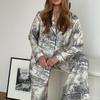 Pijamas, Roupas de Casa, Conjuntos Estampados de Estilo Nacional Transfronteiriço Europeu e Americano, Cardigãs Casuais e Confortáveis Femininos, Conjunto de Duas Peças com Calças de Manga Longa