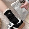 Calcetines de Cachemira para Otoño e Invierno para Mujer, Estilo Coreano Calcetines de Media Pantorrilla con Doble Puño y Bloques de Color, Ins Perla con Lazo, Calcetines Holgados para Niña