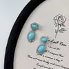 Brincos Boêmios Retrô de Turquesa Sintética Oval com Brilho de Diamante Meio Antigo Nicho Azul Brilhante Elegantes para Mulheres