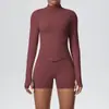 Novo Conjunto Esportivo para Mulheres, Malha Sem Costura com Gola Alta, Manga Longa, Zíper, Roupa de Yoga, Cintura Alta, Justo, para Esportes ao Ar Livre, Corrida, Fitness