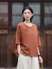 26 Verano Nuevo Retro Casual Holgado Camisa Estilo Chino Bloque de Color Botón de Hilo Pullover Camiseta