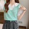 Camisa Falsa de Dos Piezas Costura Cuello en V Rayas Polo Camiseta de Punto Diseño Femenino Corto Burbuja Manga Corta Top para Verano