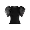 Nuevo Top de Encaje de Moda con Mangas de Murciélago para Mujer con Sentido de Diseño, Camiseta Negra Sexy de Encaje de Manga Corta Ajustada
