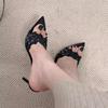 Pantuflas de Encaje Champagne Estilo Francés de Tacón Alto para Mujer, Primavera 2026 Versátiles de Tacón Fino Nicho Socialite Sandalias de Punta Caladas