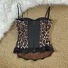 Top de tirantes de retazos de encaje y estampado de leopardo estilo retro milenial europeo y americano, diseñado para estilizar y favorecer la figura