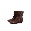 Botas de Cano Curto Ocidentais Patchwork Bico Quadrado Femininas Outono Inverno Couro Trançado Fivela Zíper Traseiro Salto Baixo Retrô Emagrecedoras Moda Botas Femininas