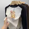 Camiseta térmica de manga larga cepillada para niñas, cuello redondo, otoño e invierno, con panel, para usar por dentro, estampado de dibujos animados, para niños de mediana y mayor edad