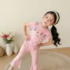 Conjunto de Calça Flare Dopamina para Meninas com Camiseta de Manga Curta, Calça Longa Fina de Verão, Estilo Elegante e Doce para Crianças Pequenas do Jardim de Infância