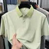 Camisa Polo de Verão Masculina com Seda de Gelo Fina Respirável Design Listrado para Pais de Meia-Idade, Camiseta Simples de Manga Curta
