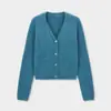 Cardigan de malha azul atmosférico retrô Shijian ACME para mulheres, novo suéter curto canelado com decote V outono 2026 21836