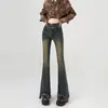 Jeans de Tiro Alto Retro Elásticos con Flecos Micro-Raspados para Mujer 2025 Nuevos Pantalones de Trompeta Altos de Aspecto Delgado