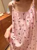 Camisola de gasa de algodón de doble capa con estampado de dibujos animados para mujer con copas en el pecho, tirantes ajustables, vestido casero de corte holgado