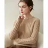 Suéter de punto trenzado de cuello redondo de siete puntos 100% cachemira pura para mujer, jersey de color liso, camisa base cálida casual de manga larga