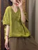Disponible en varios colores estilo coreano manga raglán algodón y lino color liso cuello en V manga murciélago manga corta top verano nuevo versátil camiseta