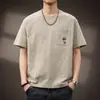 Camiseta de Manga Corta Bordada de Bambú y Algodón Simple Retro Japonesa para Hombre, Nuevo Estilo de Verano, Marca de Moda, Holgada y Transpirable de Media Manga