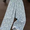 Calça de Pijama Feminina Miss Bunny Estilo Preguiçoso Floral Azul Wide-Leg Verão Caimento Fluido Casual Longa Adequada para Uso em Casa e ao Ar Livre