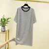Vestido Rayado de Cuello Redondo Manga Corta para Mujer Verano Holgado Adelgazante Tallas Grandes Ropa de Casa Exterior Casual Falda Larga Delgada