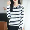 Suéter de tricô com listras estilo francês para mulheres, gola V, 100% algodão, manga longa, fino, top estilo náutico para primavera e outono