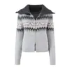 Cárdigan de punto jacquard retro casual con cuello grande y cremallera, nueva chaqueta suéter casual holgada de ajuste slim para otoño e invierno