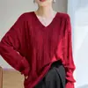 Nuevo Suéter de Punto de Seda y Cachemira Otoño/Invierno 2026 Cuello en V Manga Larga para Mujer Trenzado Color Sólido Holgado Camiseta Base Superior