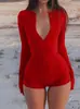 Amazon 2026 Otoño Europeo y Americano Nuevo Mono Ajustado Casual con Botones Manga Larga Cuello en V para Mujer