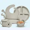 Conjunto de Louça de Silicone Infantil Transfronteiriço Babador Prato Tigela Colher Garfo Copo de Água Copo com Canudo Conjunto de 8 Peças