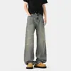 Jeans de Sarja Lavada Preto Tendência para Homens, Calças Retas Vintage Desgastadas de Verão, Calças de Comprimento Total High Street 2026