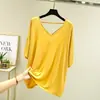 Nova camiseta de verão feminina plus size, gola V, costas abertas, manga curta, blusa base casual solta para casa, top liso estilo coreano