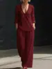 Nova Coleção Primavera/Verão 2026 Roupas Femininas Europeias e Americanas Transfronteiriça Minimalista Temperamento Camisa Solta Gola V Botão Diagonal Calça Pantalona Conjunto de Duas Peças