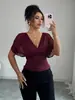 2026 Transfronterizo Europeo y Americano Amazon Moderno Elegante Color Sólido Cuello en V Profundo Mangas Cortas Volantes Ajuste a la Cintura Top para Mujer