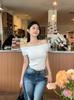 Suéter Blanco de Hombros Descubiertos de Manga Corta para Mujer, Verano, Ajustado, Entallado en la Cintura, Puro, Ajustado, Corto, Camiseta Básica Top