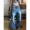 Jeans destroyed com vibe de street style americano para mulheres, tamanho plus size vintage, caimento solto, calças retas largas lavadas, calças compridas até o chão