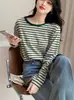 Camiseta Base Rayada 2026 Primavera Otoño Invierno Nueva Talla Grande Holgada Capa Interior Camiseta de Manga Larga Top para Mujer