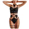 Conjunto de Tres Piezas de Lencería Erótica para Mujer, Transfronterizo Europeo y Americano, Sexy, Escote en V Profundo, Revelador de Glúteos, Tentación, Ligero, Cuello de Malla, Sujetador