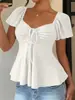 Nuevo Verano 2026 Amazon TUME Europeo y Americano Cuello en V Cordón de Ajuste Cintura Sexy Ceñida + Hueco Color Sólido Top