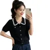 Blusa de Tricô de Manga Curta com Patchwork de Renda e Gola Peter Pan com Design de Cintura Marcada para o Verão, Cardigan Único e Chique para Mulheres