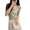 2024 Verano Nuevo Coreano Tejido Camiseta Base Estilo Camisa de Cuello Cuadrado Manga Corta Camiseta Hombro Pequeño Top Combinable para Mujer