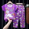 Pijama infantil feminino de verão fino com calça de manga curta conjunto menina fofa crianças mais velhas ar condicionado roupa de casa roupa externa