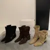 Botas curtas femininas estilo retrô francês com bico quadrado, uso em duas direções, novas botas western de salto grosso para o outono de 2026, botas finas de cano médio