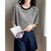 Camiseta Listrada de Manga Curta de Algodão Puro para Mulheres, Novo Verão Solto Estilo Coreano Patchwork Listrado Grosso Estudante Versátil Top de Meia Manga