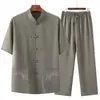 Conjunto de Roupas para Homens de Meia-Idade e Idosos, Traje Tang, Hanfu Masculino de Seda Gelada de Manga Curta, Roupa de Verão para o Pai, Roupa de Estilo Chinês para o Avô, Roupa para Idosos